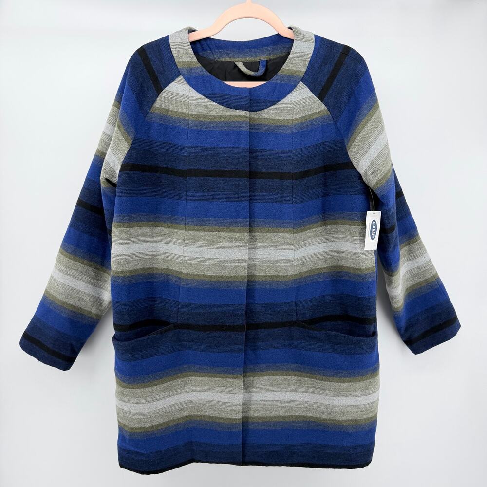 Old Navy Striped Blue Blanket Coat Collarless S Cabincore Western Heritage Cozy